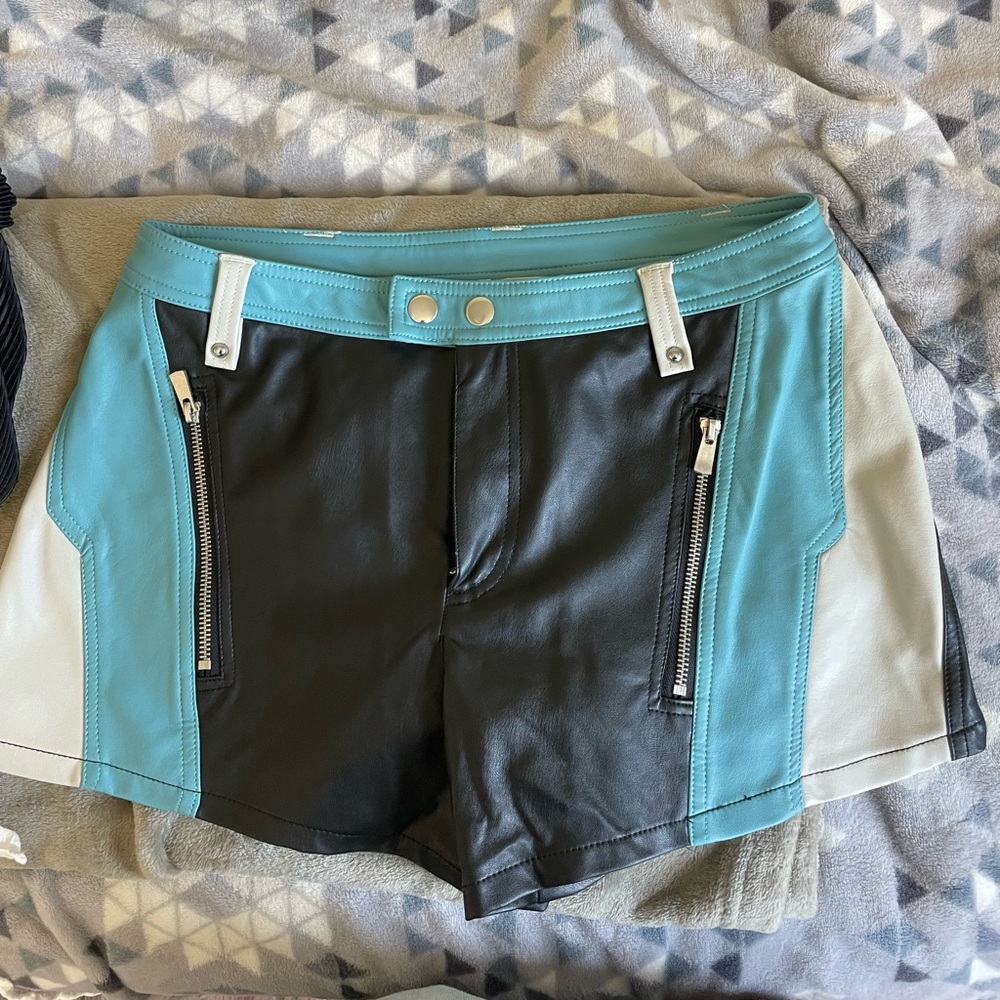 Free People Black and Blue NWT Full Throttle Leather Moto Shorts